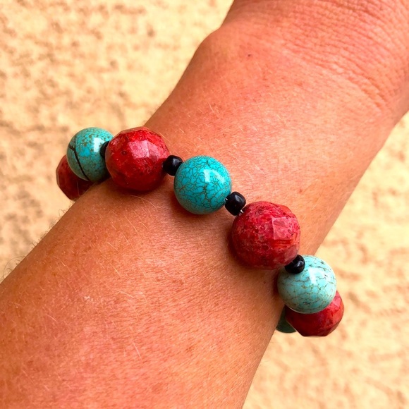 Sterling Silver Red Coral And Stabilized Turquoise Bead Toggle Bracelet - Picture 3 of 7